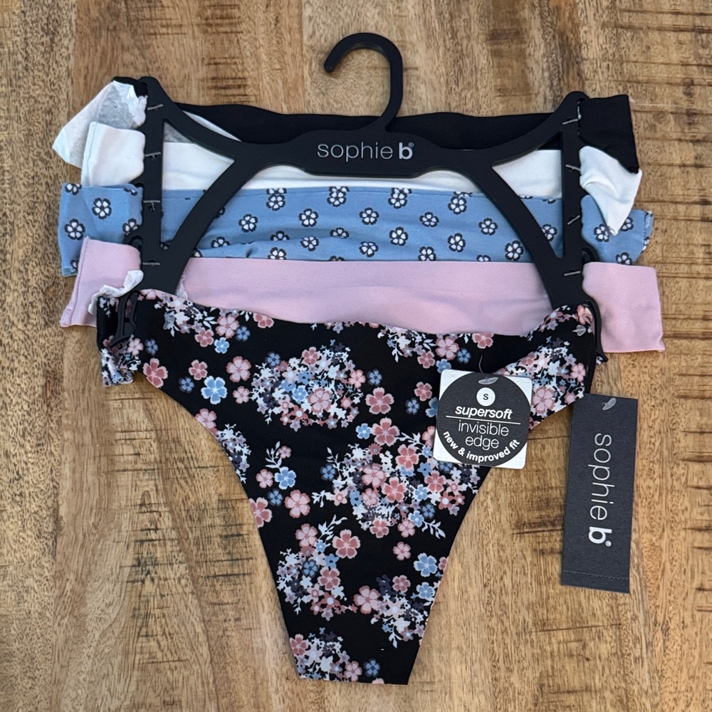Sophie B Multicolor Floral and Solid thongs Panty super soft set of 5 NWT SMALL